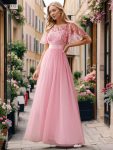 Women’s A-Line Short Sleeve Embroidery Floor Length Evening Dresses – Pink