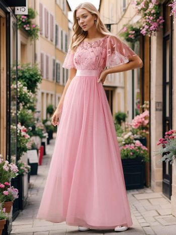 Women's A-Line Short Sleeve Embroidery Floor Length Evening Dresses - Pink