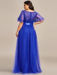 Women’s A-Line Sequin Leaf Maxi Prom Dress with Sleeves – Sapphire Blue