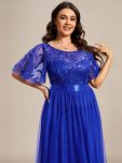 Women’s A-Line Sequin Leaf Maxi Prom Dress with Sleeves – Sapphire Blue