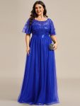 Women’s A-Line Sequin Leaf Maxi Prom Dress with Sleeves – Sapphire Blue