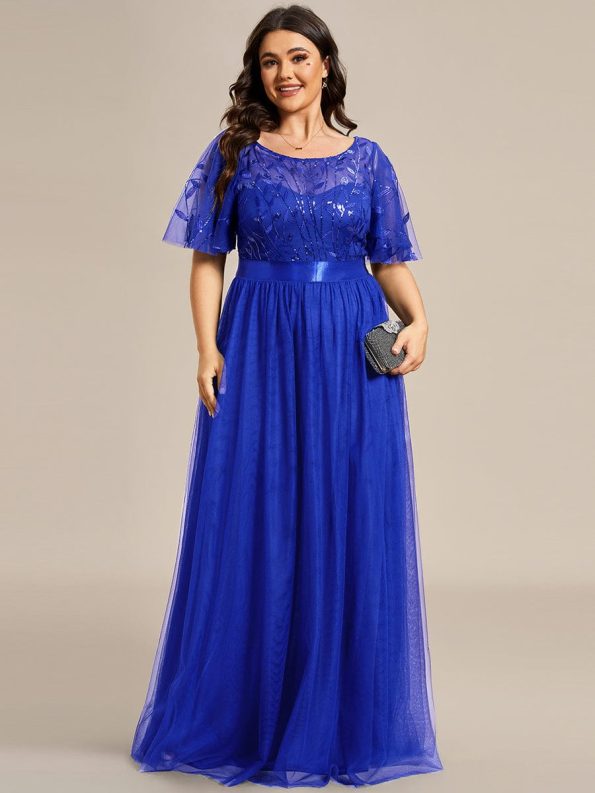 Women's A-Line Sequin Leaf Maxi Prom Dress with Sleeves - Sapphire Blue