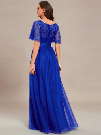 Women's A-Line Short Sleeve Embroidery Floor Length Evening Dresses - Sapphire Blue