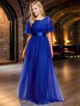 Women’s A-Line Sequin Leaf Maxi Prom Dress with Sleeves – Sapphire Blue