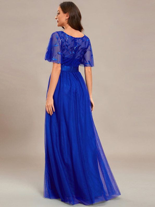 Women's A-Line Sequin Leaf Maxi Prom Dress with Sleeves - Sapphire Blue