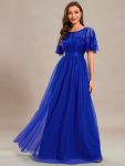 Women’s A-Line Sequin Leaf Maxi Prom Dress with Sleeves – Sapphire Blue