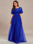 Women’s A-Line Sequin Leaf Maxi Prom Dress with Sleeves – Sapphire Blue