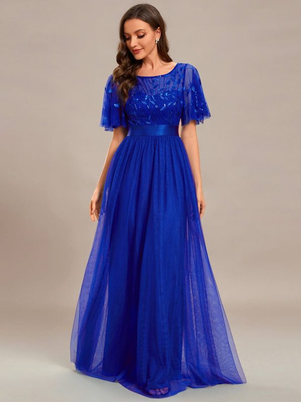 Women's A-Line Sequin Leaf Maxi Prom Dress with Sleeves - Sapphire Blue