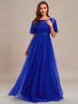 Women’s A-Line Sequin Leaf Maxi Prom Dress with Sleeves – Sapphire Blue