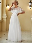 Women’s A-Line Short Sleeve Embroidery Floor Length Evening Dresses – White