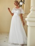 Women’s A-Line Short Sleeve Embroidery Floor Length Evening Dresses – White