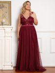 Women’s A-Line V-Neck Floral Lace Appliques Bridesmaid Dress – Burgundy