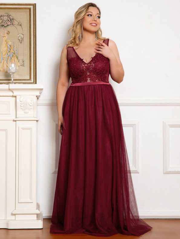 Women's A-Line V-Neck Floral Lace Appliques Bridesmaid Dress - Burgundy