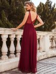 Women’s A-Line V-Neck Floral Lace Appliques Bridesmaid Dress – Burgundy