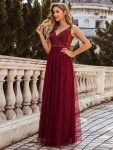 Women’s A-Line V-Neck Floral Lace Appliques Bridesmaid Dress – Burgundy