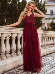 Women’s A-Line V-Neck Floral Lace Appliques Bridesmaid Dress – Burgundy