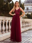 Women’s A-Line V-Neck Floral Lace Appliques Bridesmaid Dress – Burgundy