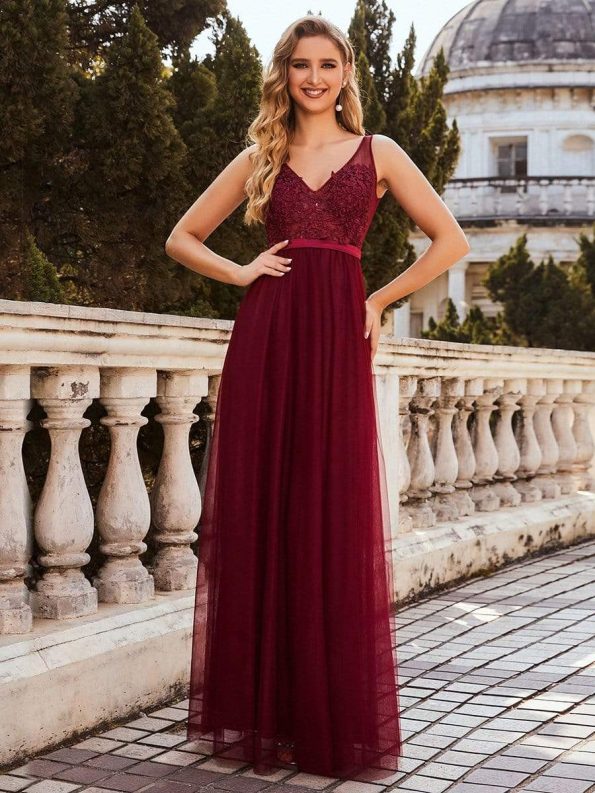 Women's A-Line V-Neck Floral Lace Appliques Bridesmaid Dress - Burgundy