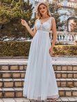 Women’s A-Line V-Neck Floral Lace Appliques Bridesmaid Dress – Cream