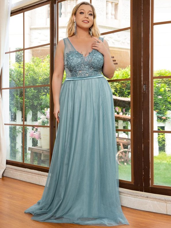 Women's A-Line V-Neck Floral Lace Appliques Bridesmaid Dress - Dusty Blue