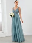 Women’s A-Line V-Neck Floral Lace Appliques Bridesmaid Dress – Dusty Blue