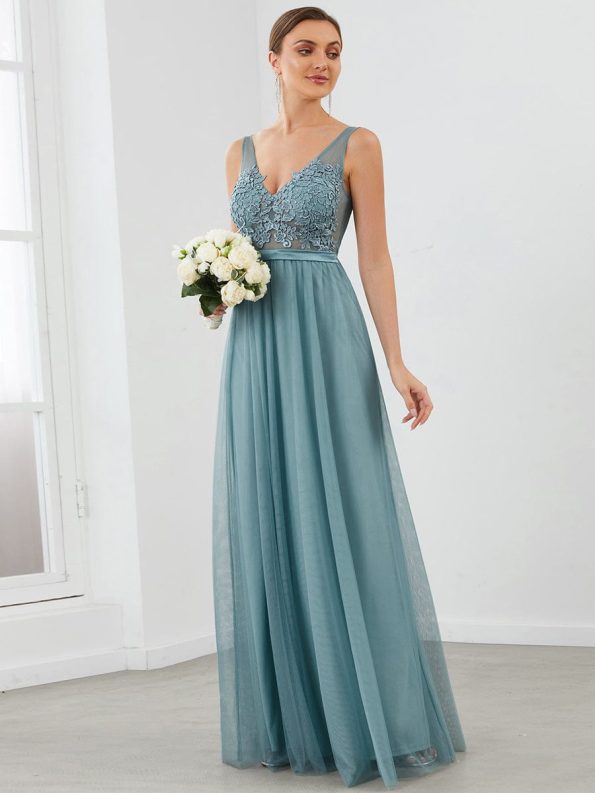 Women's A-Line V-Neck Floral Lace Appliques Bridesmaid Dress - Dusty Blue