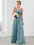 Women’s A-Line V-Neck Floral Lace Appliques Bridesmaid Dress – Dusty Blue