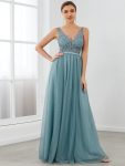 Women’s A-Line V-Neck Floral Lace Appliques Bridesmaid Dress – Dusty Blue