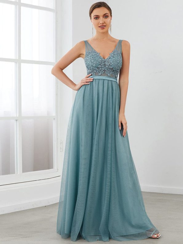 Women's A-Line V-Neck Floral Lace Appliques Bridesmaid Dress - Dusty Blue