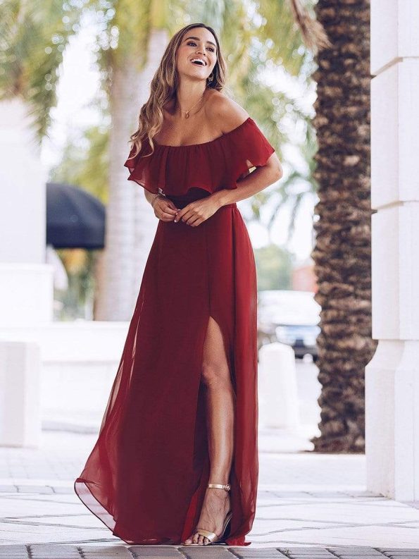 Women's Off Shoulder Ruffle Thigh Slit Bridesmaid Dresses - Burgundy