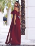 Women’s Off Shoulder Ruffle Thigh Slit Bridesmaid Dresses – Burgundy