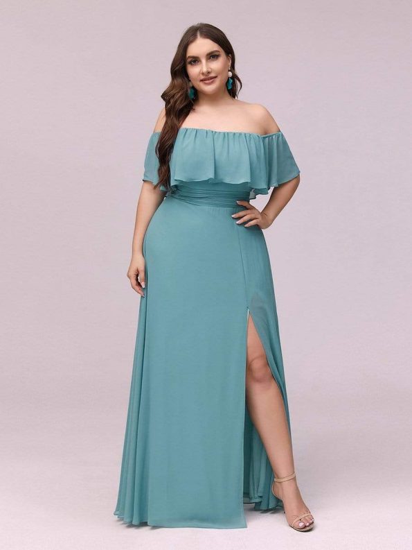 Women's Off Shoulder Ruffle Thigh Slit Bridesmaid Dresses - Dusty Blue