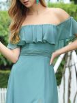 Women’s Off Shoulder Ruffle Thigh Slit Bridesmaid Dresses – Dusty Blue