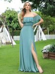 Women’s Off Shoulder Ruffle Thigh Slit Bridesmaid Dresses – Dusty Blue