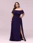 Women’s Off Shoulder Ruffle Thigh Slit Bridesmaid Dresses – Dark Purple