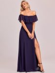 Women’s Off Shoulder Ruffle Thigh Slit Bridesmaid Dresses – Dark Purple