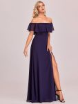 Women’s Off Shoulder Ruffle Thigh Slit Bridesmaid Dresses – Dark Purple