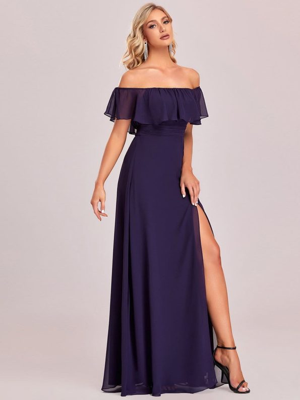 Women's Off Shoulder Ruffle Thigh Slit Bridesmaid Dresses - Dark Purple