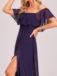 Women’s Off Shoulder Ruffle Thigh Slit Bridesmaid Dresses – Dark Purple