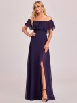 Women’s Off Shoulder Ruffle Thigh Slit Bridesmaid Dresses – Dark Purple