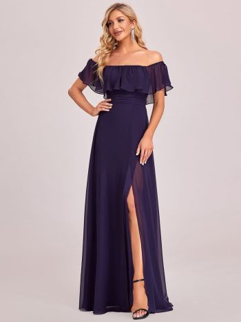 Women's Off Shoulder Ruffle Thigh Slit Bridesmaid Dresses - Dark Purple