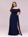 Women’s Off Shoulder Ruffle Thigh Slit Bridesmaid Dresses – Navy Blue