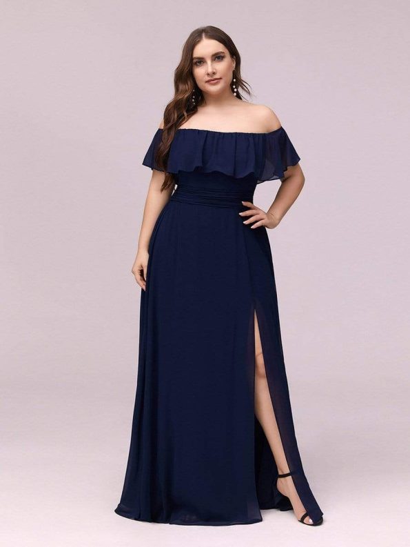 Women's Off Shoulder Ruffle Thigh Slit Bridesmaid Dresses - Navy Blue