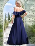 Women’s Off Shoulder Ruffle Thigh Slit Bridesmaid Dresses – Navy Blue