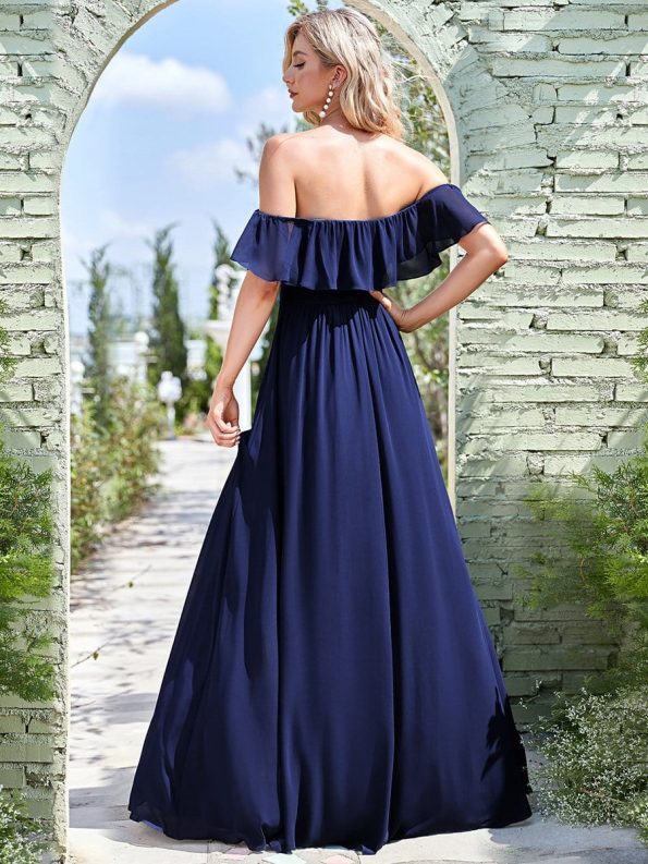 Women's Off Shoulder Ruffle Thigh Slit Bridesmaid Dresses - Navy Blue