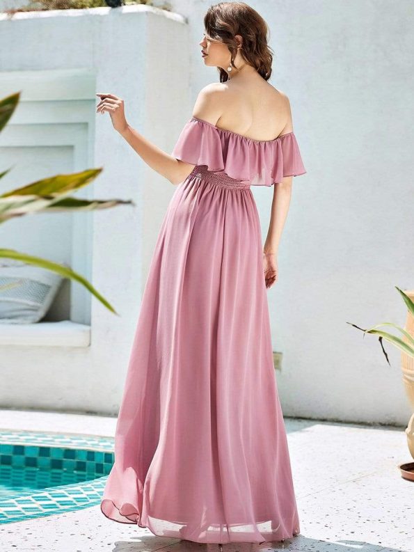 Women's Off Shoulder Ruffle Thigh Slit Bridesmaid Dresses - Purple Orchid