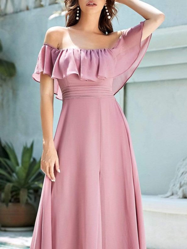 Women's Off Shoulder Ruffle Thigh Slit Bridesmaid Dresses - Purple Orchid