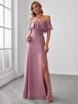 Women’s Off Shoulder Ruffle Thigh Slit Bridesmaid Dresses – Purple Orchid