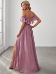 Women’s Off Shoulder Ruffle Thigh Slit Bridesmaid Dresses – Purple Orchid