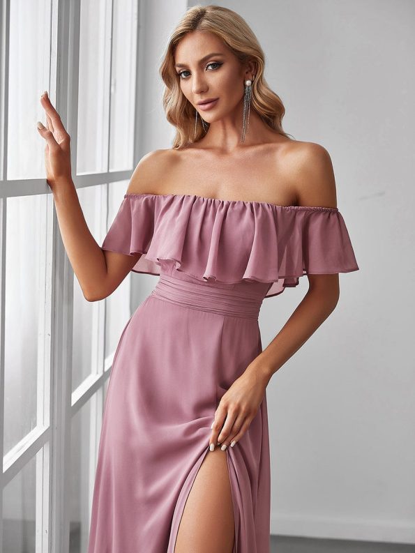 Women's Off Shoulder Ruffle Thigh Slit Bridesmaid Dresses - Purple Orchid